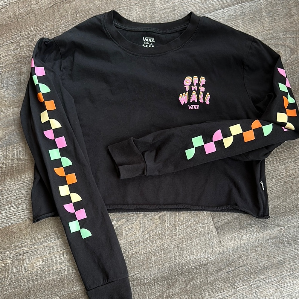 Vans Black and Pink Long Sleeve Tee with Checkerboard Sleeves